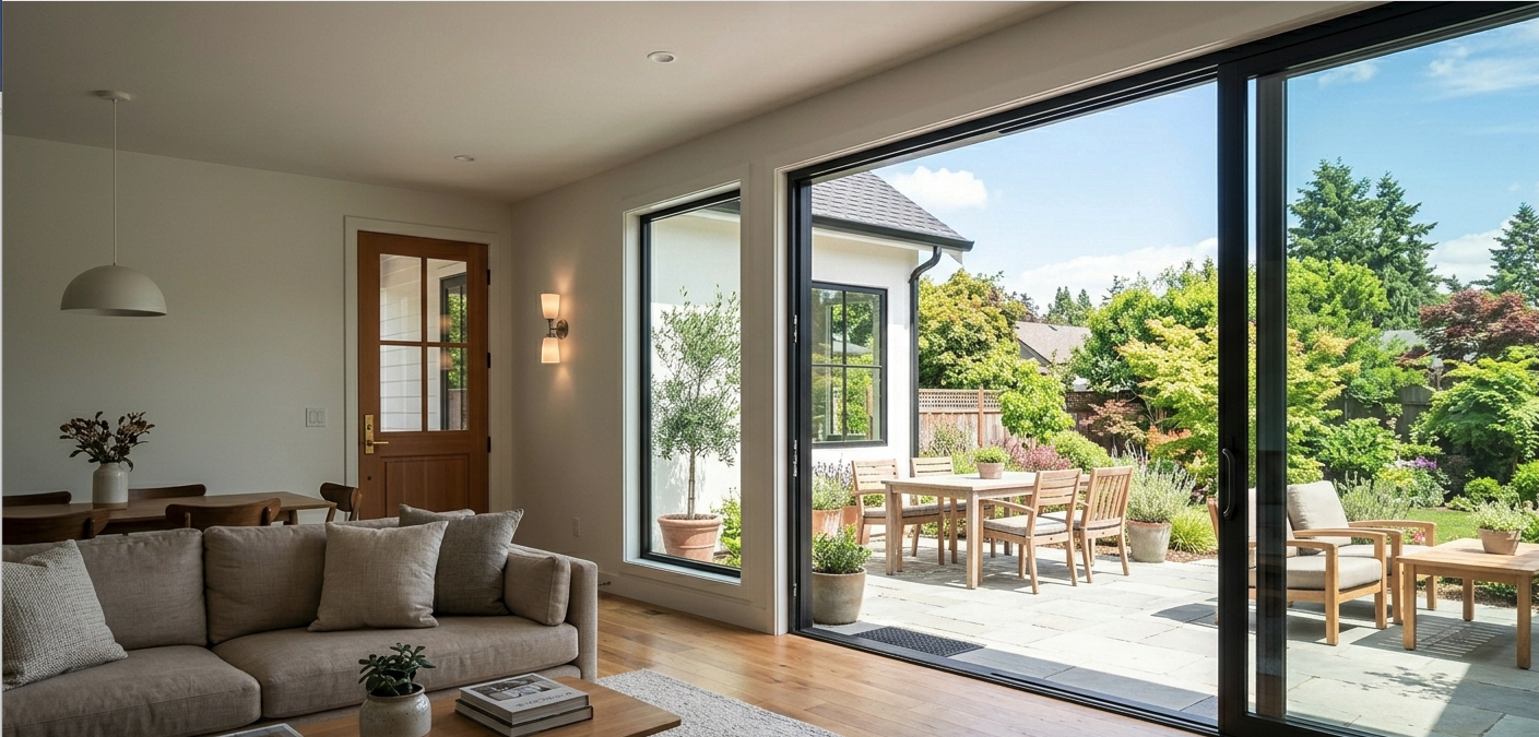 Bright modern interior with large black-framed glass doors opening to a patio